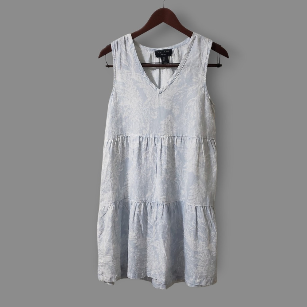 Tahari Womens Blue White Floral 100% Linen Tiered Sleeveless V-Neck Dress Size S
